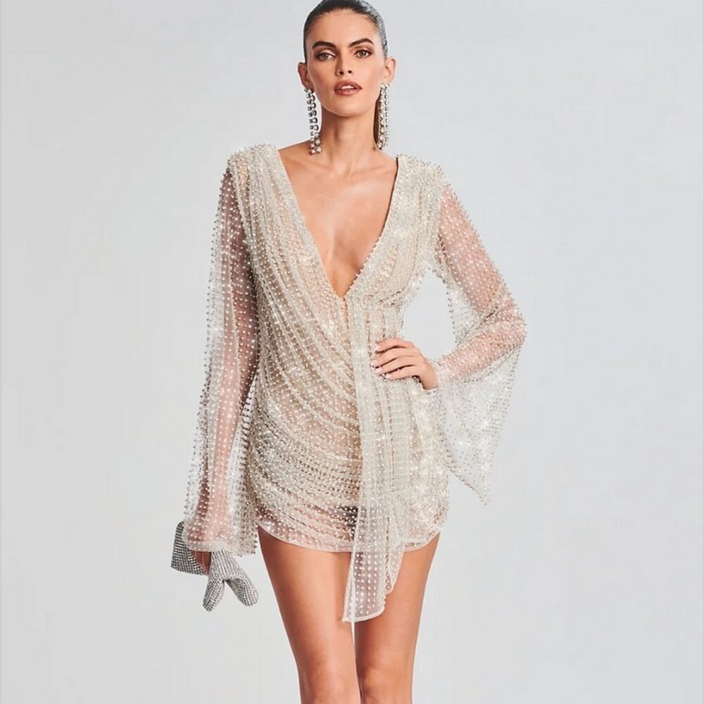 Sheer Embellished V-Neck Mini Dress - Cream
